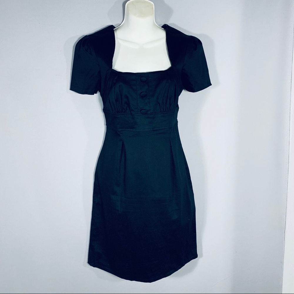 Black sateen short sleeve gathered bodice dress